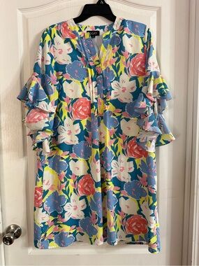 GiGio Vibrant Floral Print Ruffle Sleeve Oversized Shift Dress S. JN-96